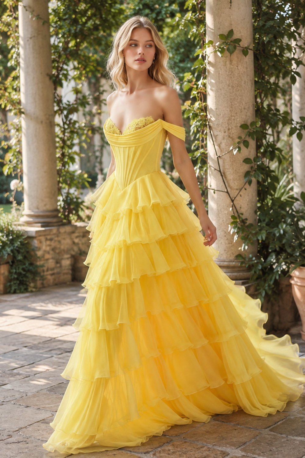 off-the-shoulder A-line chiffon gown with lace appliques and ruffles