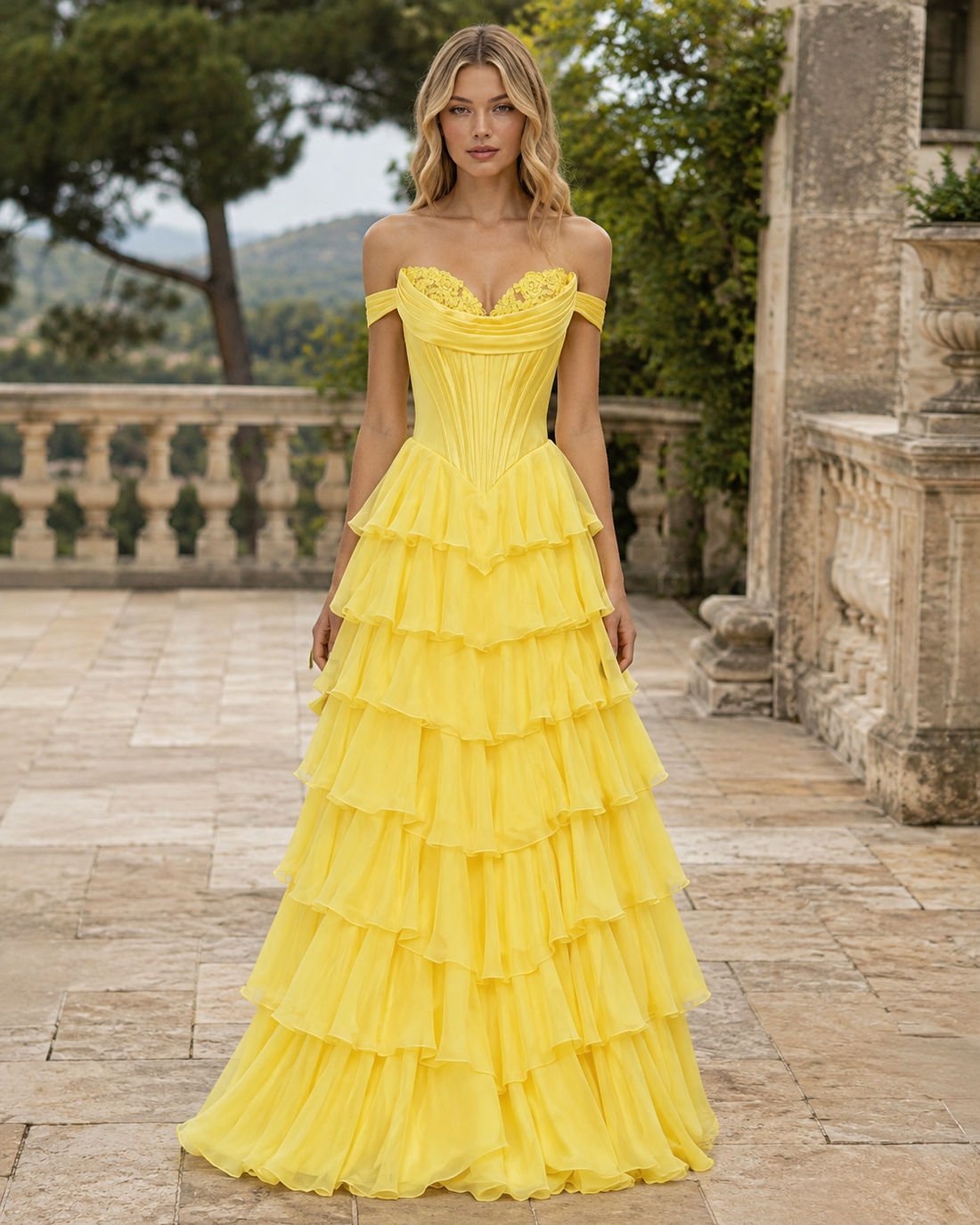 off-the-shoulder A-line chiffon gown with lace appliques and ruffles