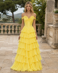 off-the-shoulder A-line chiffon gown with lace appliques and ruffles
