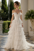 off-the-shoulder A-line chiffon gown with lace appliques and ruffles