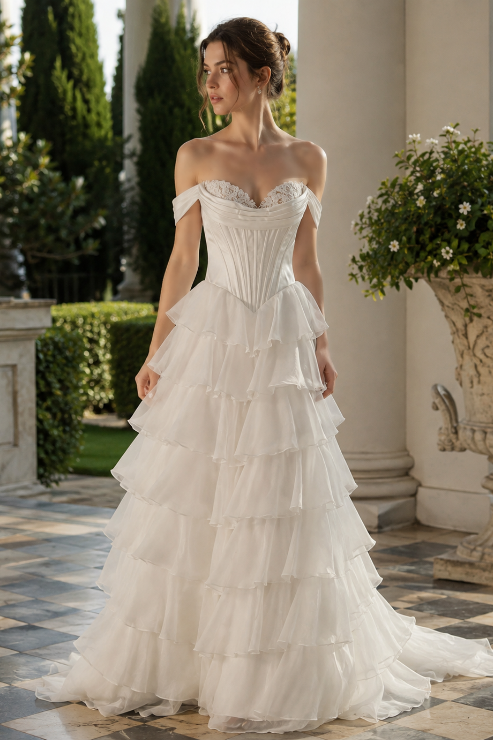 off-the-shoulder A-line chiffon gown with lace appliques and ruffles