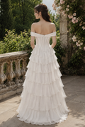 off-the-shoulder A-line chiffon gown with lace appliques and ruffles
