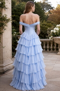 off-the-shoulder A-line chiffon gown with lace appliques and ruffles