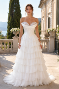 off-the-shoulder A-line chiffon gown with lace appliques and ruffles