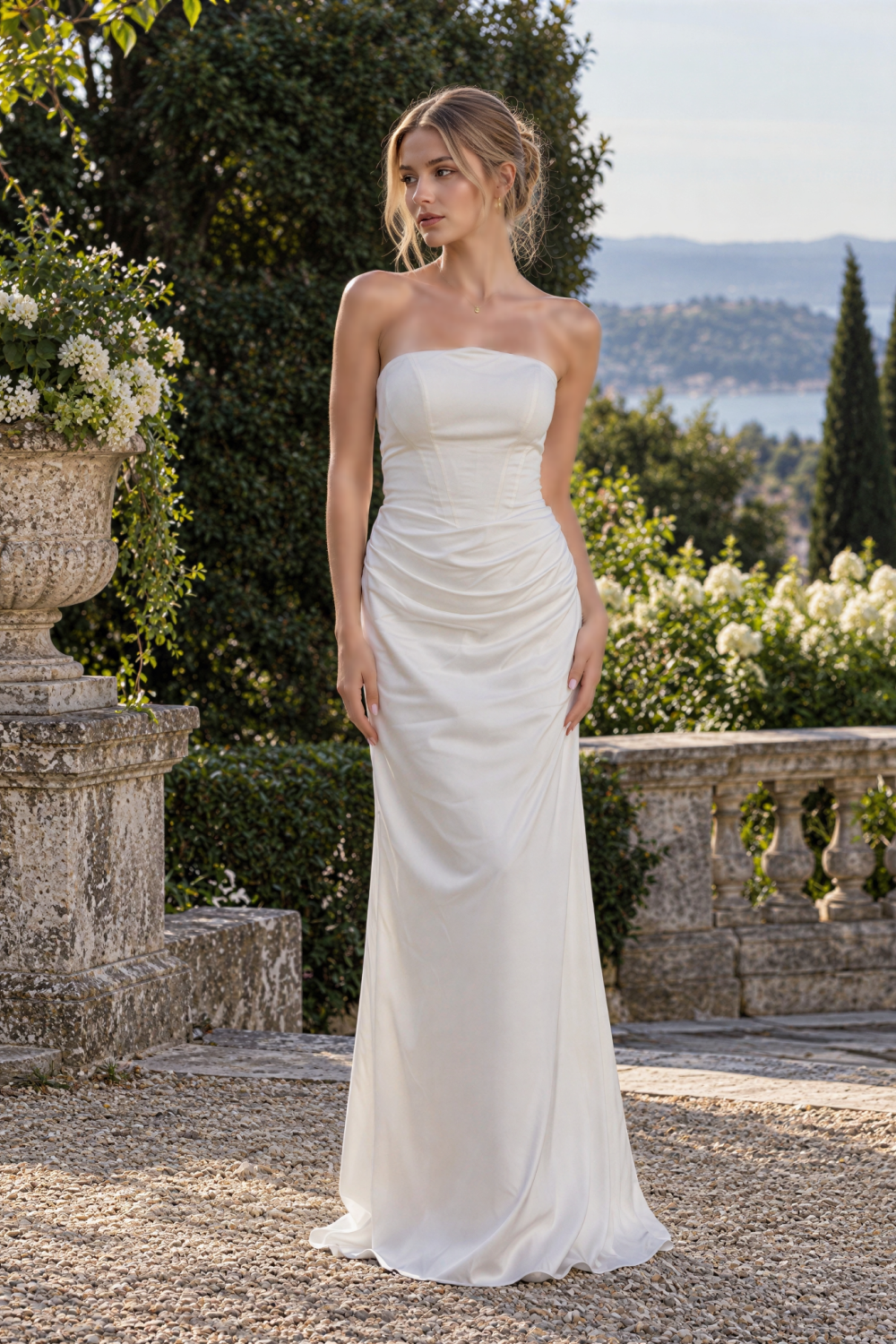 White chiffon corset mermaid ruched long prom dress