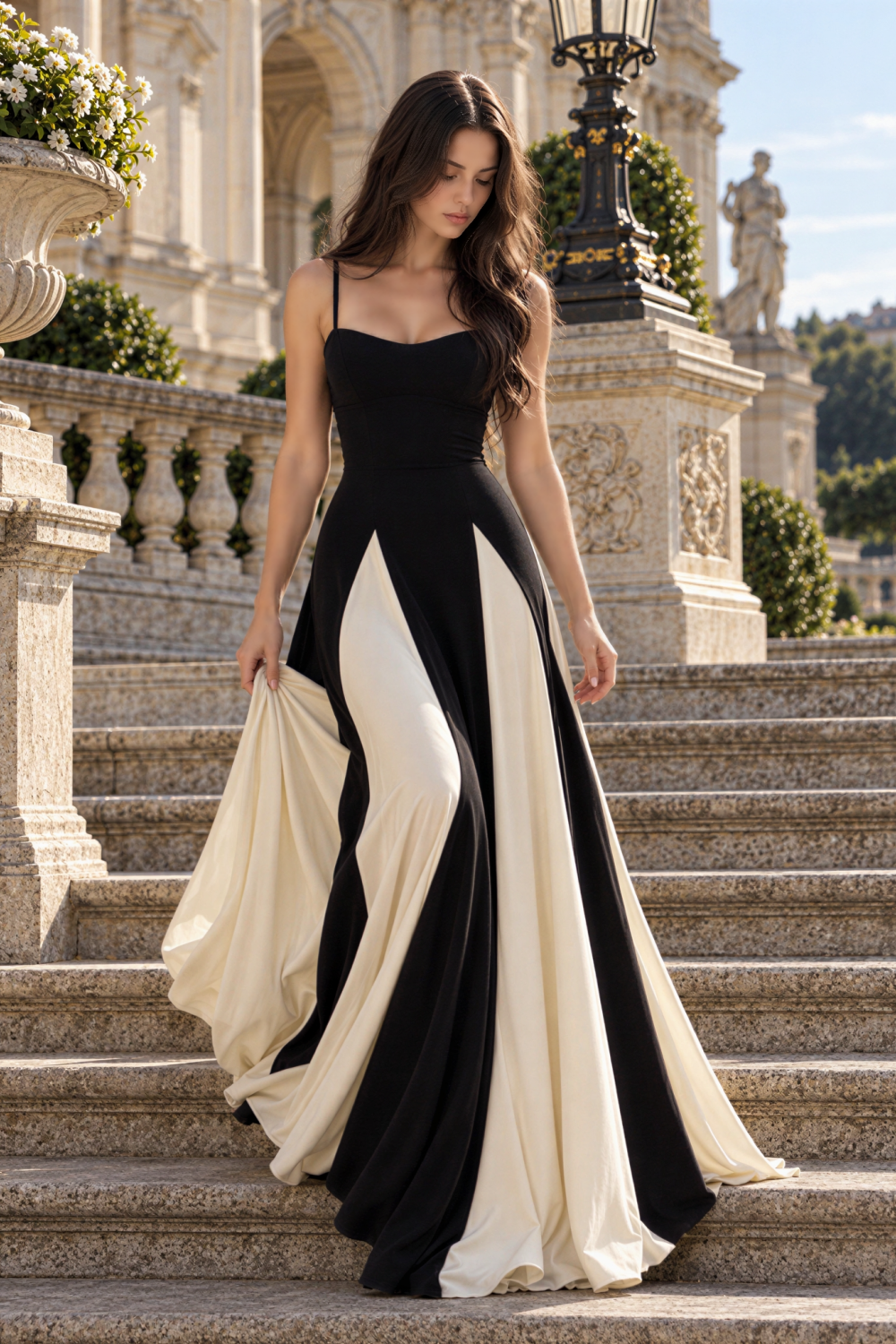 Spaghetti Straps Square Neck Color Block A-line Prom Dress