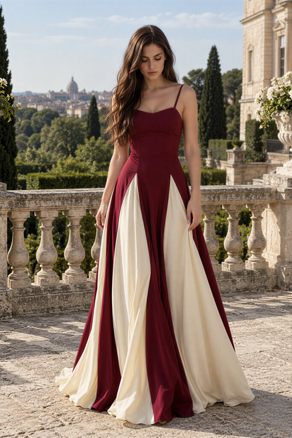 Spaghetti Straps Square Neck Color Block A-line Prom Dress