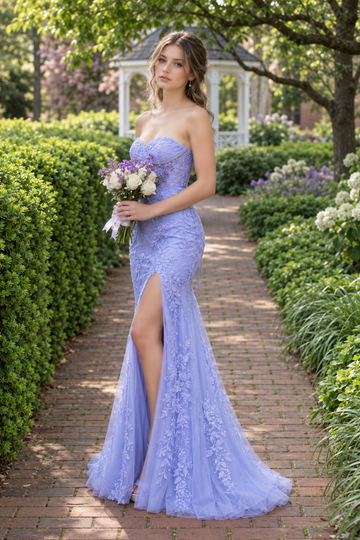 Lavender sweetheart lace applique beaded corset mermaid prom gown