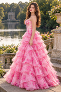 Floral chiffon A-line tiered corset puff gown with lace appliques