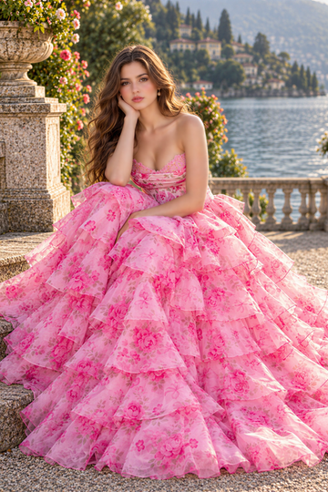 Floral chiffon A-line tiered corset puff gown with lace appliques