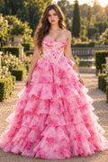 Floral chiffon A-line tiered corset puff gown with lace appliques