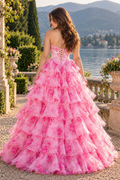 Floral chiffon A-line tiered corset puff gown with lace appliques