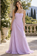 Lavender spaghetti strap A-line long dress with lace appliques and lace-up back