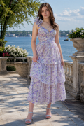 Floral print A-line tiered summer dress with ruffle straps